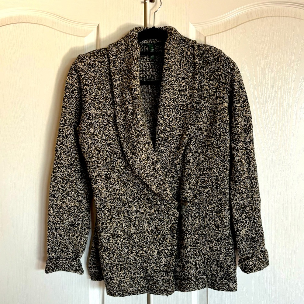 Ralph Lauren heathered black and tan shawl collar wrap cardigan bone button Med